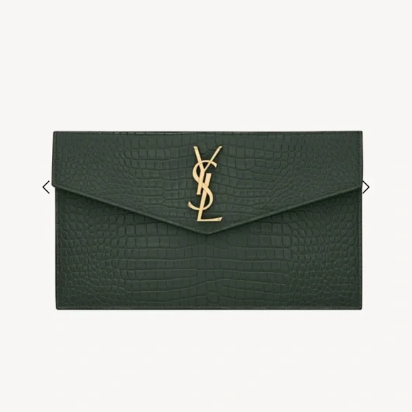 SAINT LAURENT YSL Dark Mint Green Uptown Croc Print Med Envelope Pouch Clutch - Picture 1 of 12